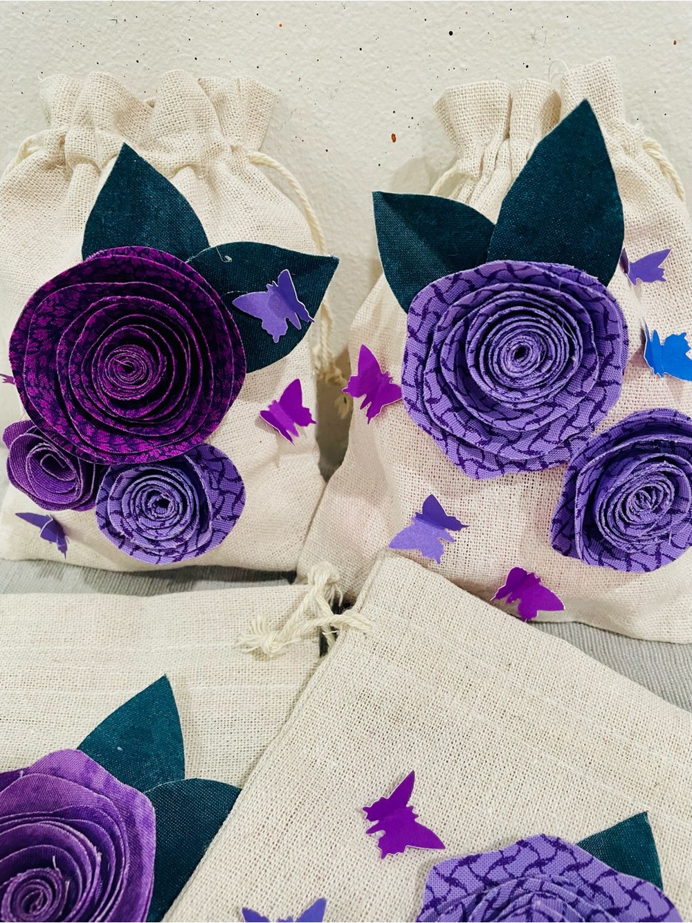 4 Purple fabric Floral Drawstring Gift Bags
